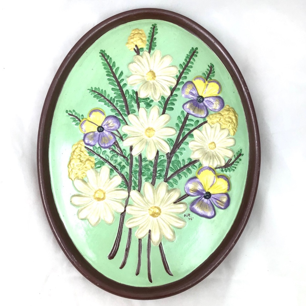 Vintage MCM Handpainted Ceramic Flower Wall Plaque